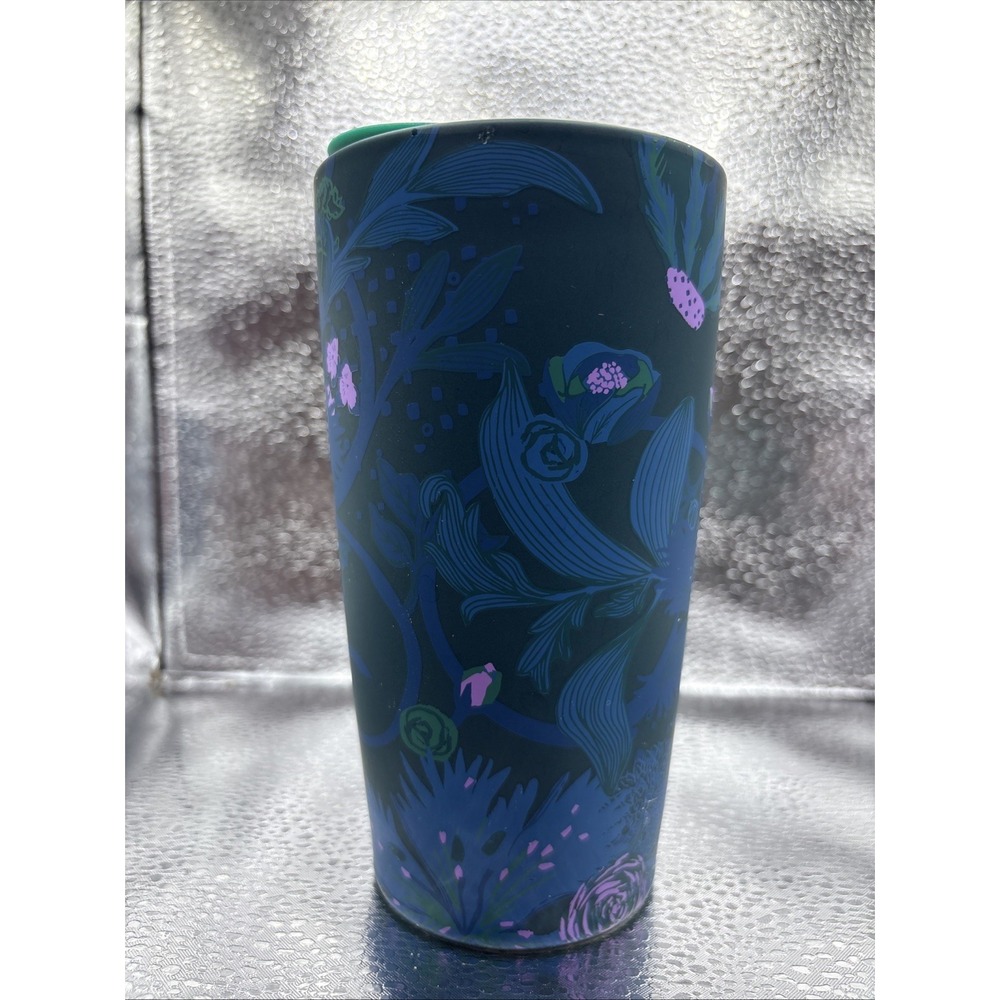 Starbucks Ceramic Blue Green Rising Floral  Coffee Tumbler 12 fl oz